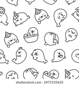 Cute kawaii baby seals. Seamless pattern. Coloring Page. Funny cartoon characters arctic and antarctic animals. Hand drawn style. Vector drawing. Design ornaments.