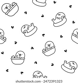 Cute kawaii baby seals. Seamless pattern. Coloring Page. Funny cartoon characters arctic and antarctic animals. Hand drawn style. Vector drawing. Design ornaments.