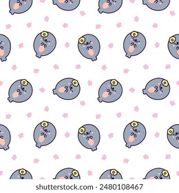 Cute kawaii baby seals. Seamless pattern. Funny cartoon characters arctic and antarctic animals. Hand drawn style. Vector drawing. Design ornaments.