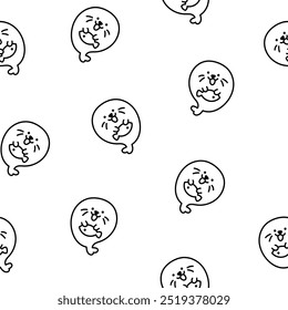 Cute kawaii baby seals. Seamless pattern. Coloring Page. Funny cartoon characters arctic and antarctic animals. Hand drawn style. Vector drawing. Design ornaments.