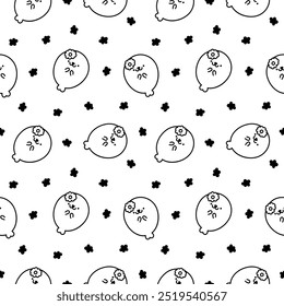 Cute kawaii baby seals. Seamless pattern. Coloring Page. Funny cartoon characters arctic and antarctic animals. Hand drawn style. Vector drawing. Design ornaments.