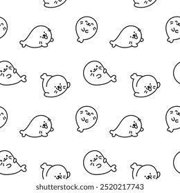 Cute kawaii baby seals. Seamless pattern. Coloring Page. Funny cartoon characters arctic and antarctic animals. Hand drawn style. Vector drawing. Design ornaments.