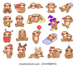 Cute kawaii baby sloth. Cartoon funny animal character. Hand drawn style. Vector drawing. Collection of design elements.