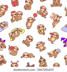 Cute kawaii baby sloth. Seamless pattern. Cartoon funny animal character. Hand drawn style. Vector drawing. Design ornaments.