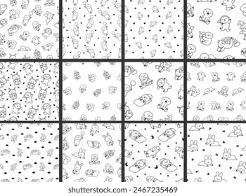Cute kawaii baby sloth. Seamless pattern. Coloring Page. Cartoon funny animal character. Hand drawn style. Vector drawing. Collection of design ornaments.