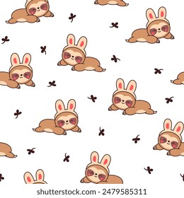 Cute kawaii baby sloth. Seamless pattern. Cartoon funny animal character. Hand drawn style. Vector drawing. Design ornaments.