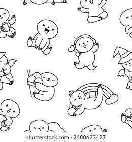 Cute kawaii baby sloth. Seamless pattern. Coloring Page. Cartoon funny animal character. Hand drawn style. Vector drawing. Design ornaments.