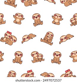 Cute kawaii baby sloth. Seamless pattern. Cartoon funny animal character. Hand drawn style. Vector drawing. Design ornaments.