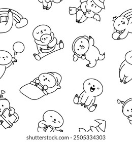 Cute kawaii baby sloth. Seamless pattern. Coloring Page. Cartoon funny animal character. Hand drawn style. Vector drawing. Design ornaments.
