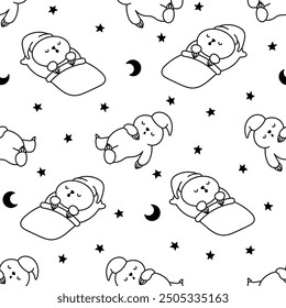 Cute kawaii baby sloth. Seamless pattern. Coloring Page. Cartoon funny animal character. Hand drawn style. Vector drawing. Design ornaments.