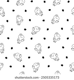 Cute kawaii baby sloth. Seamless pattern. Coloring Page. Cartoon funny animal character. Hand drawn style. Vector drawing. Design ornaments.