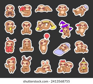 Cute kawaii baby sloth. Sticker Bookmark. Cartoon funny animal character. Hand drawn style. Vector drawing. Collection of design elements.