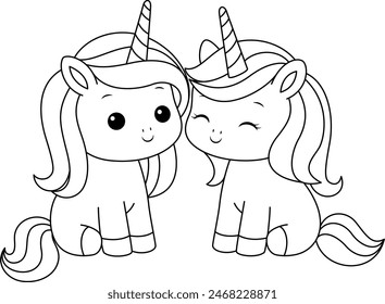 Cute kawaii baby unicorn with friend coloring page for kids. Animal outline doodle colouring page isolated on white background. Wild animal coloring book for kids