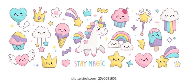 Cute Kawaii Baby Unicorn with funny rainbow desserts, cupcakes and ice cream characters. Hand drawn Cartoon kawaii style Happy Birthday stickers. Princess crown. Pastel soft colors vectors 