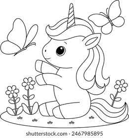 Cute kawaii baby unicorn playing with butterflies coloring page for kids. Animal outline doodle colouring page isolated on white background. Wild animal coloring book for kids