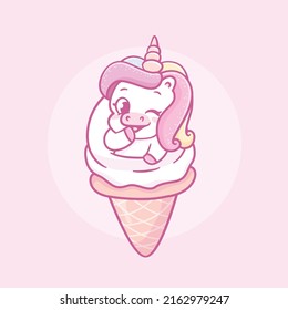 Cute kawaii baby unicorn and vanilla ice cream cartoon 