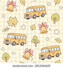 Cute kawaii back to school seamless pattern with yellow school buses, bells, and autumn leaves on a pastel grid background.