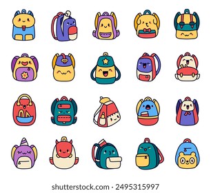 Cute kawaii backpack with funny face. Adorable cartoon accessory character. Hand drawn style. Vector drawing. Collection of design elements.