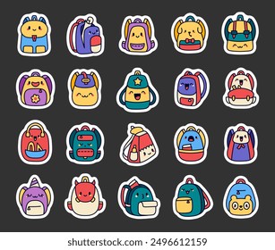 Cute kawaii backpack with funny face. Sticker Bookmark. Adorable cartoon accessory character. Hand drawn style. Vector drawing. Collection of design elements.