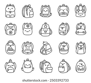 Cute kawaii backpack with funny face. Coloring Page. Adorable cartoon accessory character. Hand drawn style. Vector drawing. Collection of design elements.