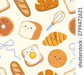 Cute kawaii bakery seamless pattern featuring smiling cartoon bread characters and a baking whisk. Hand-drawn vector illustration of croissants, donuts, toast with fried egg, and French baguettes on a soft cream background, perfect for children