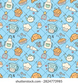 Cute Kawaii Bakery Seamless Pattern with Cupcakes Croissants Teapots Pastries and Baking Tools Design