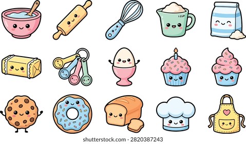 Cute kawaii baking cooking kitchen element bundle graphic design