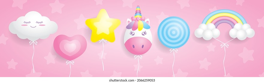 cute kawaii balloons element illustration vector on pastel pink background