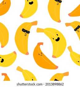 Cute kawaii banana fruit seamless pattern. Sweet Fruit with smile pattern. Stock vector illustration on a white background.