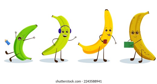 Cute kawaii banana set character with funny face in different ages. Cute and funny comic style. Vector flat cartoon character illustration. Isolated icon design on white background.