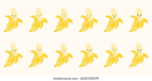 Cute kawaii banana vector stickers with funny faces and emotions: happy, sad, angry, surprised. Flat characters for kids, education, and healthy eating designs