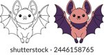 Cute kawaii bat cartoon character coloring page, vector printable worksheets for preschool. 