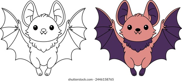 Cute kawaii bat cartoon character coloring page, vector printable worksheets for preschool. 