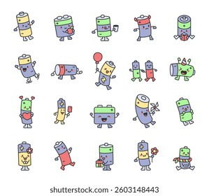 Cute kawaii battery characters with happy cartoon emotions for energy, power, technology, fun, joy, expressions, lifestyle, electric, charge, playful, cheerful, friendly, smiling, activity, gadgets