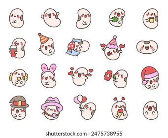 Cute kawaii beans funny faces. Adorable vegetables characters. Hand drawn style. Vector drawing. Collection of design elements.