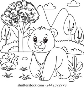 Cute kawaii bear cartoon character in the forest background coloring page vector illustration