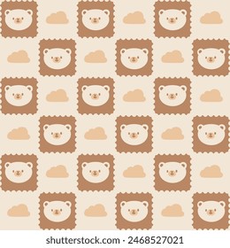 Cute Kawaii Bear and Cloud Pattern with Brown Background. Adorable vector pattern features kawaii style bear faces and clouds set against a brown background.