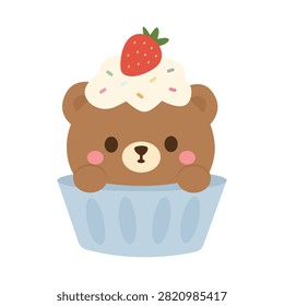 Cute Kawaii Bear Cupcake Vector Illustration, Adorable Dessert Character Clipart