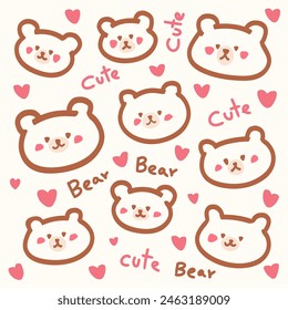 Cute Kawaii Bear Faces Pattern. Adorable Cartoon Design.