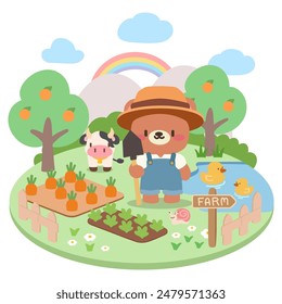 Cute Kawaii Bear Farmer with Animals on a Farm. Adorable Cartoon Scene. Kawaii Farm Life with Bear, Cow, and Ducks. 