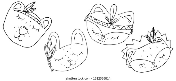 cute kawaii bear, fox, hare and hedgehog with feathers and ornaments of Indians, head with muzzle, coloring book, vector element, drawing for children by hand