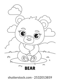 Cute Kawaii Bear Joyfully Enjoying a Beautiful Natural Wonderland for Kids Coloring Pages