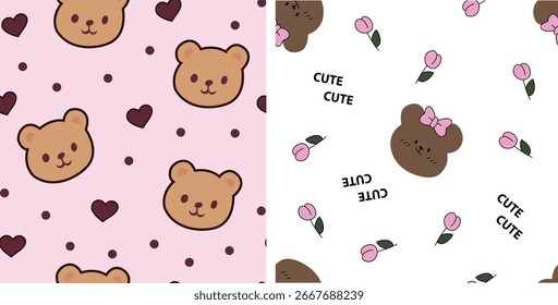 Cute Kawaii Bear Seamless Pattern Set - Teddy Bear with Hearts and Girly Bear with Tulips for Nursery