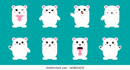 Cute kawaii bear set. Funny cartoon white polar bears flat design, animal baby characters happy, sad, angry emotions for greeting card, poster, print. Vector illustration