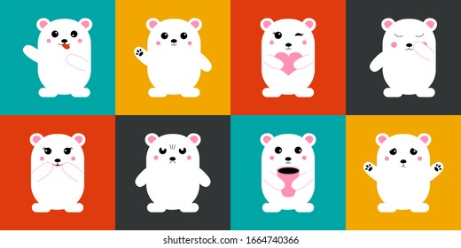 Cute kawaii bear set. Funny bears with happy, sad, angry, shy emotions, little teddy bears expression, baby animal design for print, fabric, poster. Vector illustration