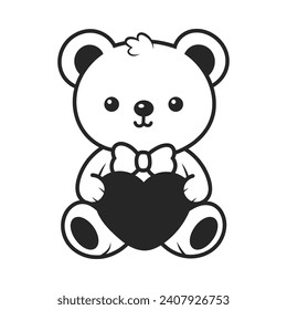 A cute  kawaii bear is sitting and hugging a heart. line art style vector illustration