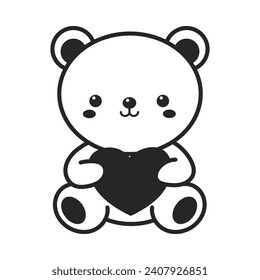 A cute  kawaii bear is sitting and hugging a heart. line art style vector illustration