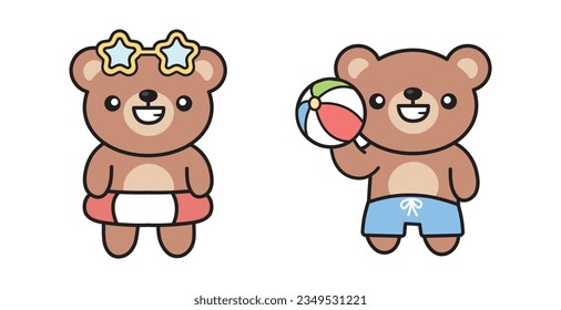 Cute Kawaii Bear Summer with Volley Beach Ball and Lifebuoy