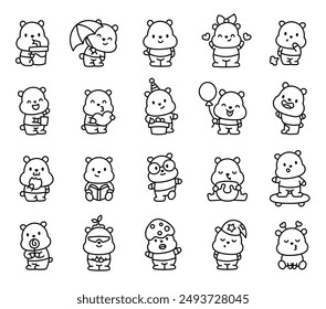 Cute kawaii bear in t-shirt with funny face. Coloring Page. Adorable cartoon character. Hand drawn style. Vector drawing. Collection of design elements.