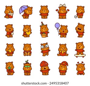 Cute kawaii bear in t-shirt with funny face. Adorable cartoon character. Hand drawn style. Vector drawing. Collection of design elements.